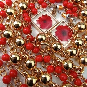 Red & Gold Tone Jewelry Lot Rosary Chain 30", Golden Beads 18" , Flower Dangles